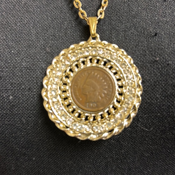Copper 1902 Indian Head Penny Pendant Rhinestone Gold Rope Twist Necklace - Picture 3 of 7